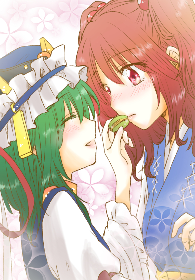 2girls blue_headwear closed_eyes food frilled_hat frills green_hair hair_bobbles hair_ornament hat holding holding_food kiduki_kaya long_sleeves looking_at_another multiple_girls onozuka_komachi open_mouth red_eyes redhead shiki_eiki short_hair simple_background smile touhou two_side_up upper_body white_background wide_sleeves yuri