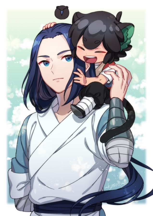 2boys animal_ears ar_(rikuesuto) bandages black_hair blue_eyes blue_hair cat_boy cat_ears cat_tail chinese_clothes closed_eyes closed_mouth forehead long_hair long_sleeves luoxiaohei male_focus multiple_boys open_mouth tail the_legend_of_luo_xiaohei wuxian_(the_legend_of_luoxiaohei)