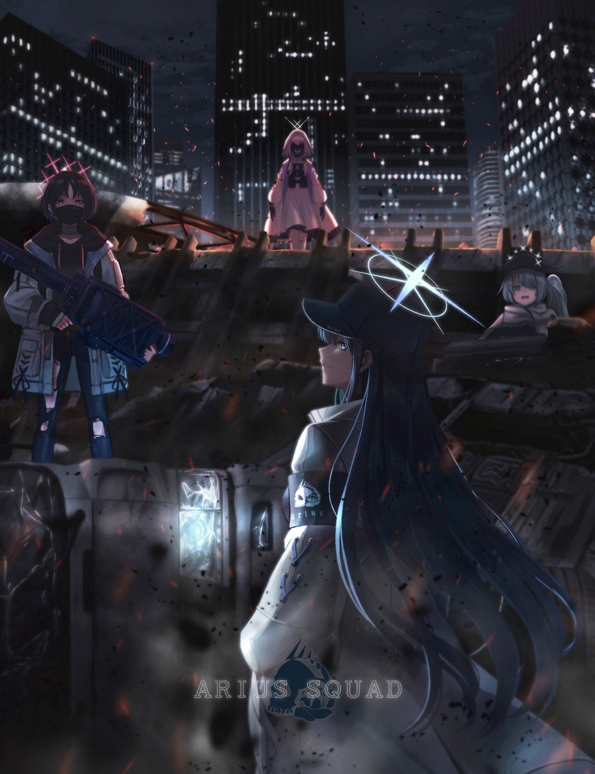 4girls armband asymmetrical_bangs atsuko_(blue_archive) bandaged_neck bandages bangs baseball_cap black_gloves black_hair black_headwear black_hoodie black_mask blue_archive blue_eyes building city cityscape dress embers english_text facing_viewer fim-92_stinger gas_mask gloves glowing green_hair grin ground_vehicle hair_ornament hair_over_one_eye hairclip halo hat highres hiyori_(blue_archive) holding holding_rocket_launcher holding_weapon hood hood_up hooded_jacket hoodie jacket jwoo light long_hair long_sleeves looking_at_viewer mask misaki_(blue_archive) motor_vehicle mouth_mask multiple_girls night open_clothes open_jacket open_mouth pink_hair red_eyes rocket_launcher rubble saori_(blue_archive) scarf short_hair side_ponytail smile standing surgical_mask torn_clothes truck weapon white_dress white_jacket white_scarf wreckage