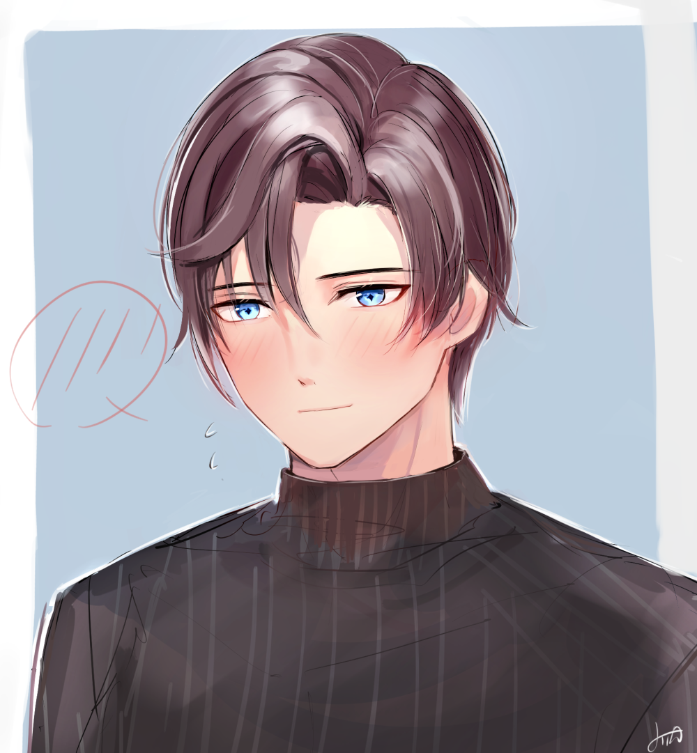 1boy artem_wing_(tears_of_themis) black_sweater blush brown_hair closed_mouth forehead male_focus mirin_pengin short_hair solo tears_of_themis