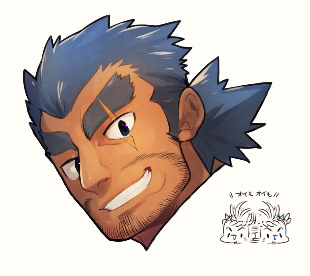 1boy beard blue_eyes blue_hair chibi chibi_inset close-up commentary_request eyebrow_cut facial_hair grin head_only jormungandr_(f-kare) long_sideburns looking_at_viewer low_ponytail male_focus mature_male mid_(mid_skb) scar scar_across_eye scar_on_face sideburns smile solo thick_eyebrows tokyo_afterschool_summoners yamasachihiko_(housamo)