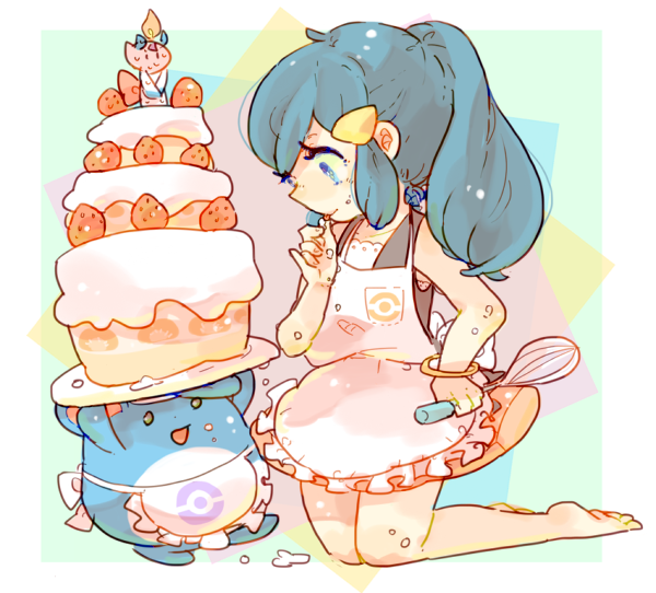 1girl alternate_hairstyle apron bare_legs barefoot black_tank_top blue_eyes blue_hair bracelet cake closed_mouth clothed_pokemon food froslass fruit hair_ornament hand_on_hip hand_up hikari_(pokemon) holding holding_whisk jewelry katiko kneeling long_hair marill miniskirt pink_skirt plate pokemon pokemon_(creature) pokemon_(game) pokemon_dppt ponytail skirt smile strawberry tank_top whisk white_apron