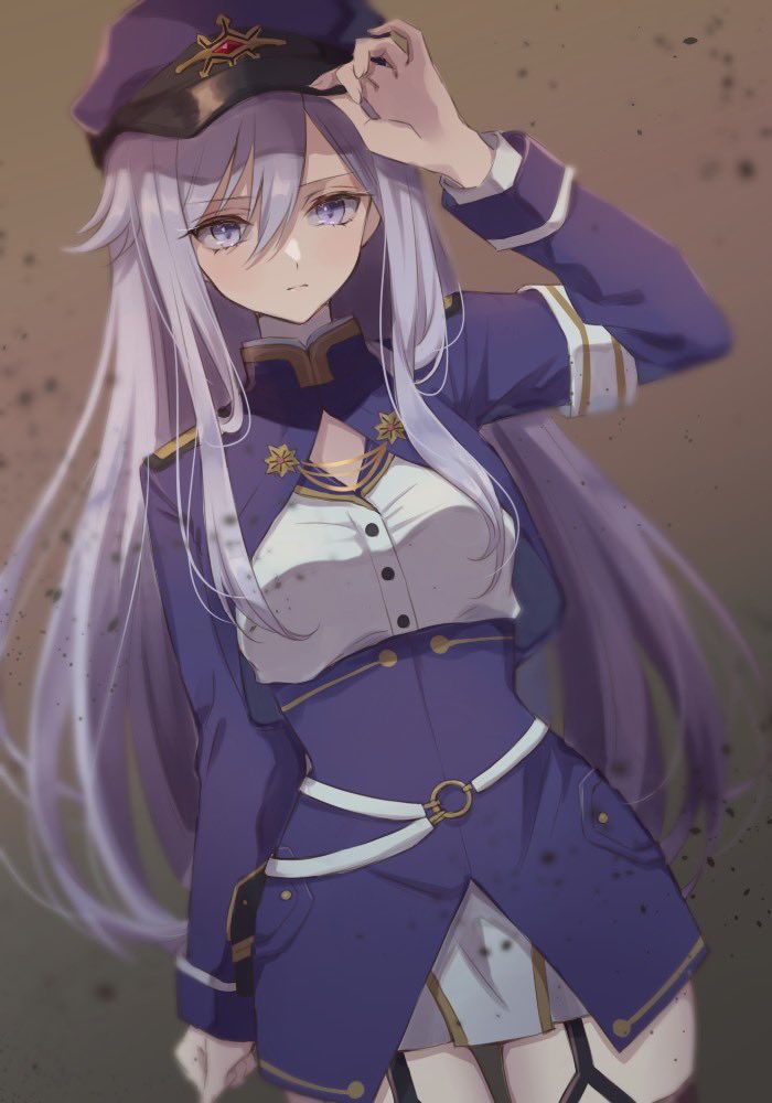 1girl 86_-eightysix- belt blue_jacket cowboy_shot cropped_jacket garter_straps hand_on_headwear hat high-waist_skirt high_collar jacket long_hair long_sleeves looking_at_viewer military military_hat military_uniform skirt solo tomoshibi_(rokugatsu) uniform vladilena_millize