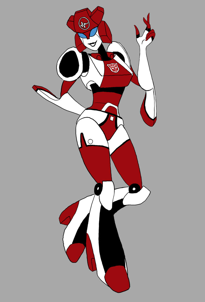 1girl alien autobot blue_eyes breasts curvy grey_background high_heels humanoid_robot medium_breasts melanieperry panties red_alert_(transformers) robot simple_background thighs transformers transformers_animated underwear white_panties