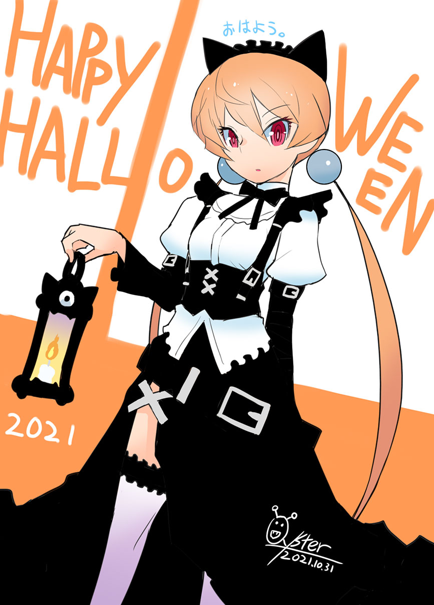 1girl alisa_southerncross animal_ears artist_name black_dress breasts cat_ears dated dress english_text halloween happy_halloween highres keroro_gunsou long_hair looking_at_viewer orange_hair oyster_(artist) red_eyes small_breasts solo twintails