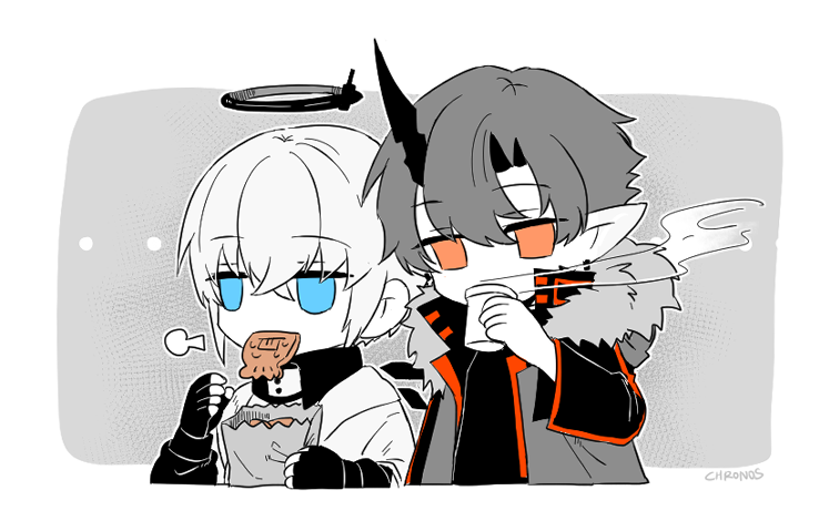 2boys arknights bag bangs black_gloves black_shirt blue_eyes chibi coffee_cup commentary_request cropped_torso cup disposable_cup executor_(arknights) fingerless_gloves flamebringer_(arknights) food food_in_mouth gloves grey_background grey_jacket hair_between_eyes halo holding holding_bag holding_cup horns jacket keulonoseu long_sleeves male_focus multiple_boys open_clothes open_jacket orange_eyes paper_bag pointy_ears puffy_long_sleeves puffy_sleeves shirt signature single_horn steam taiyaki two-tone_background upper_body wagashi white_background white_hair white_shirt