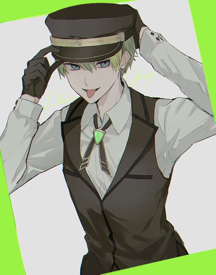 1boy alina_gray aqua_eyes bad_id bad_twitter_id black_gloves black_headwear black_vest boyano brooch collar collared_shirt genderswap genderswap_(ftm) gloves green_hair hair_between_eyes hat jewelry lapels long_sleeves magia_record:_mahou_shoujo_madoka_magica_gaiden mahou_shoujo_madoka_magica multicolored_hair notched_lapels peaked_cap shirt short_hair sidelocks solo straight_hair tongue tongue_out v-neck vest white_collar white_shirt