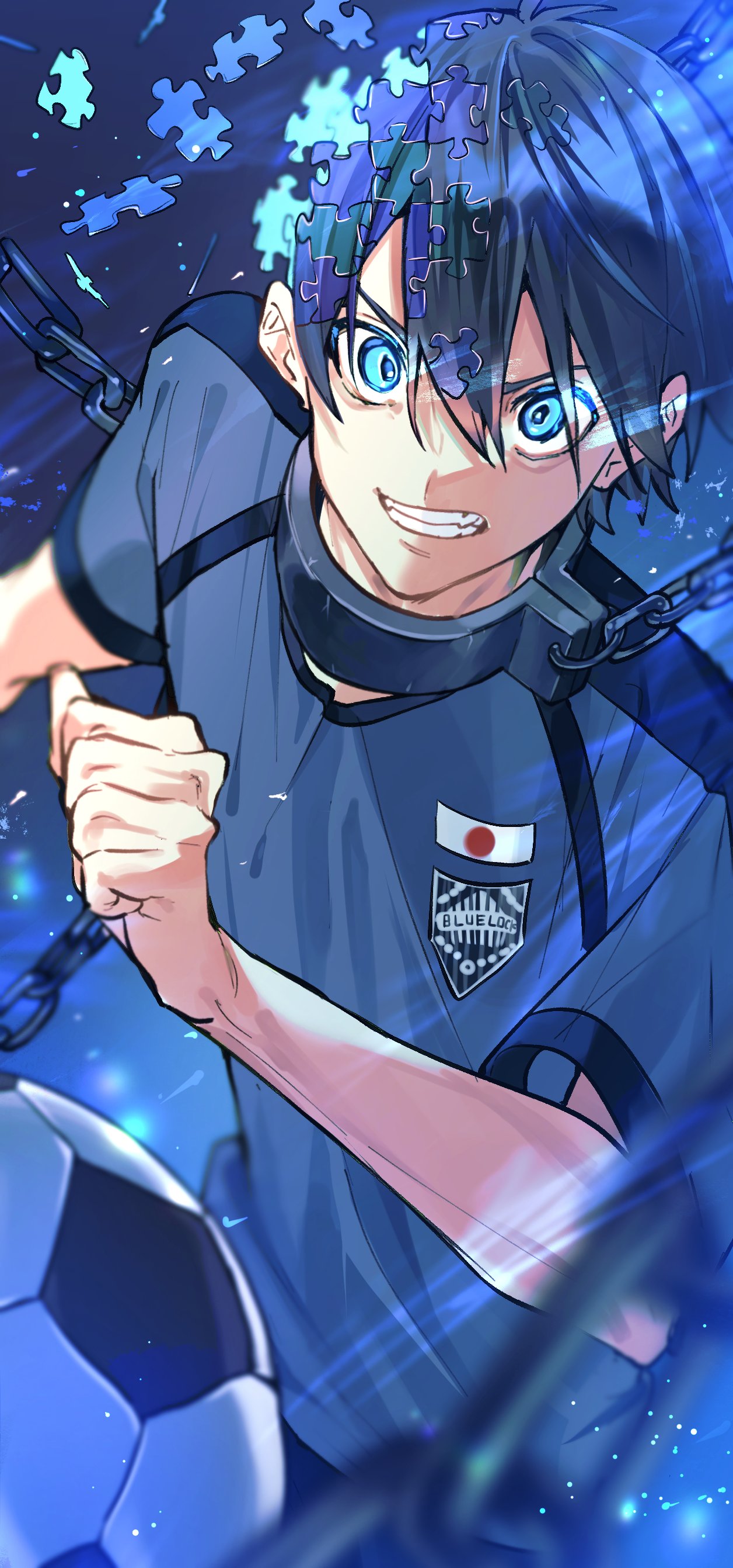 1boy absurdres ball black_hair blue_eyes blue_lock blue_shirt chain clenched_hand clenched_teeth commentary_request cuffs hair_between_eyes highres isagi_yoichi japanese_flag looking_at_viewer male_focus pepupapipooo puzzle_piece shackles shirt short_hair short_sleeves soccer soccer_ball soccer_uniform solo sportswear teeth