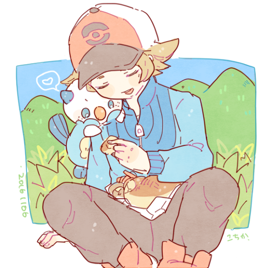 1boy 2016 baseball_cap black_pants blue_jacket closed_eyes dated food grass hat heart hilbert_(pokemon) holding holding_food jacket katiko light_brown_hair long_sleeves no_nose on_shoulder open_mouth oshawott pants pokemon pokemon_(creature) pokemon_(game) pokemon_bw pokemon_on_shoulder short_hair sitting smile spoken_heart teeth twitter_username zipper_pull_tab