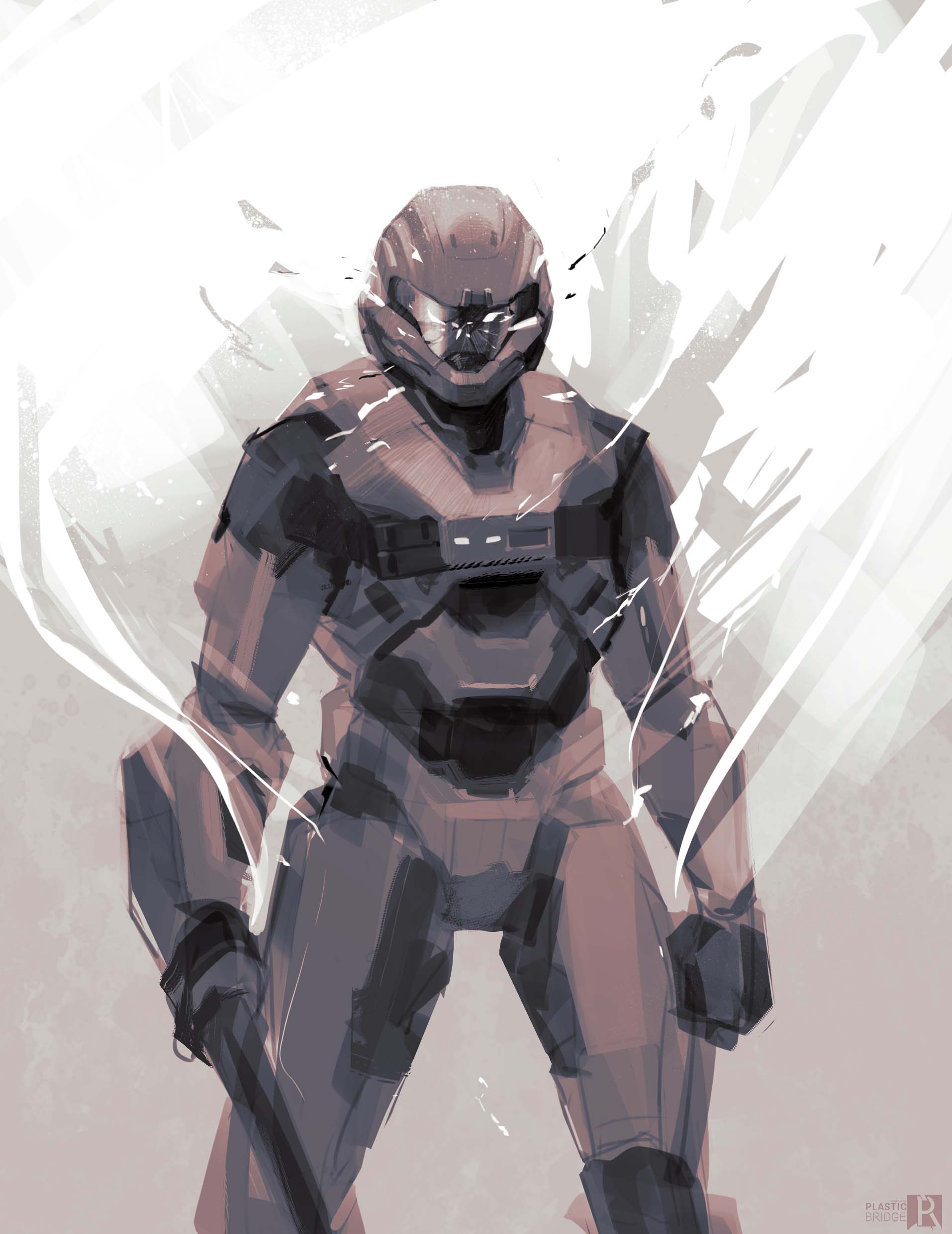 1boy absurdres assault_visor broken_glass clenched_hand english_commentary glass halo:_reach halo_(series) helmet highres male_focus plastic-bridge power_armor science_fiction sketch solo spartan-b312 spartan_(halo) standing