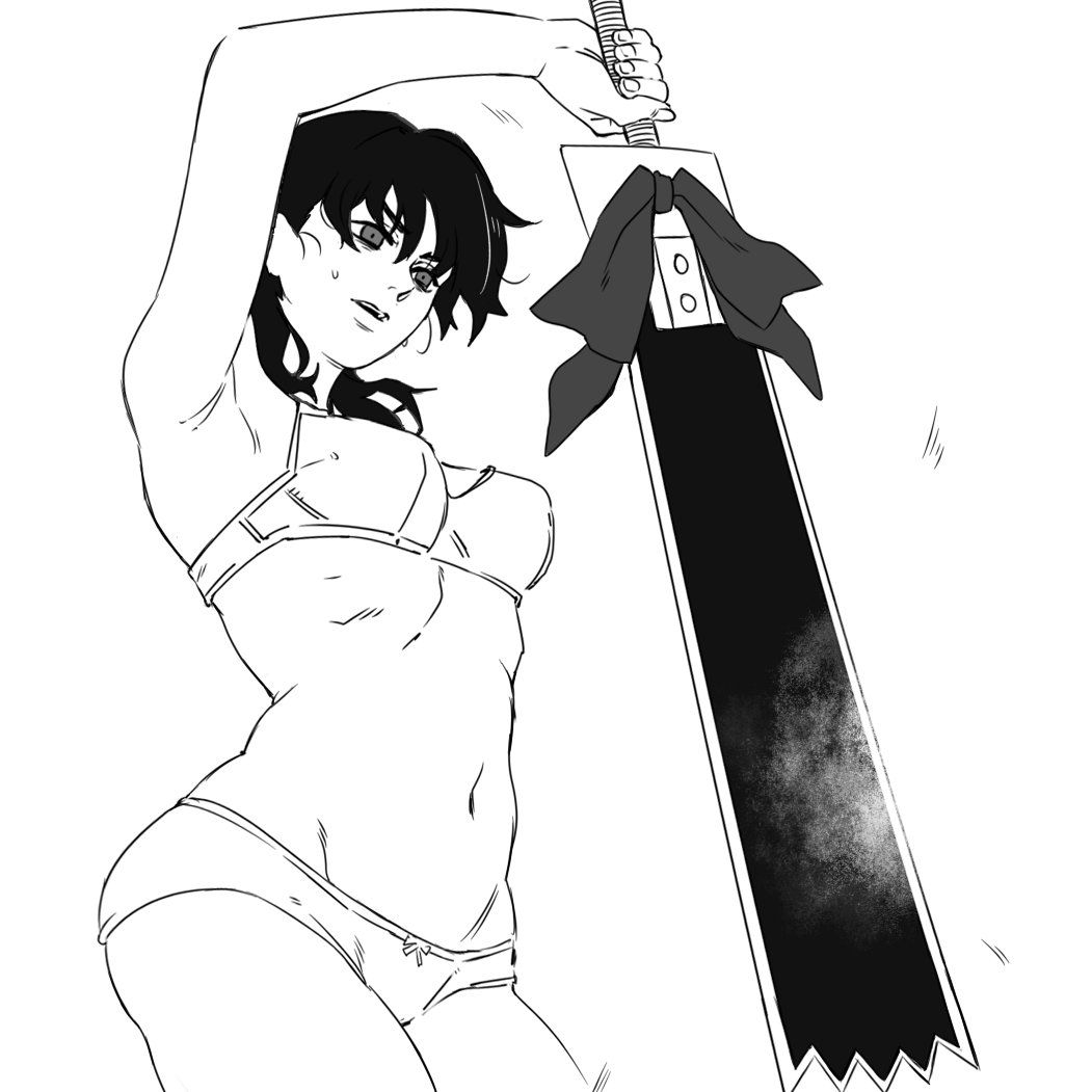 1girl angry bangs black_hair bra chainsaw_man leeloo_dallas long_hair mitaka_asa monochrome navel panties ribbon simple_background solo sword twintails underwear underwear_only weapon