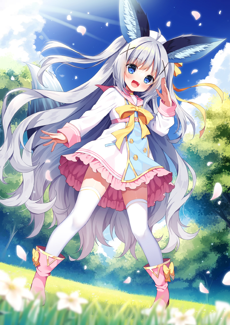 1girl :d ahoge animal_ear_fluff animal_ears bangs beret blue_eyes blue_sky boots bow clouds commentary_request day dress fang frilled_dress frills grey_hair hand_up hat long_hair long_sleeves looking_at_viewer mauve multicolored_hair original outdoors petals pink_footwear pink_sailor_collar sailor_collar sailor_dress sky sleeves_past_wrists smile solo thigh-highs thighhighs_under_boots tree two-tone_hair very_long_hair white_dress white_headwear white_thighhighs yellow_bow