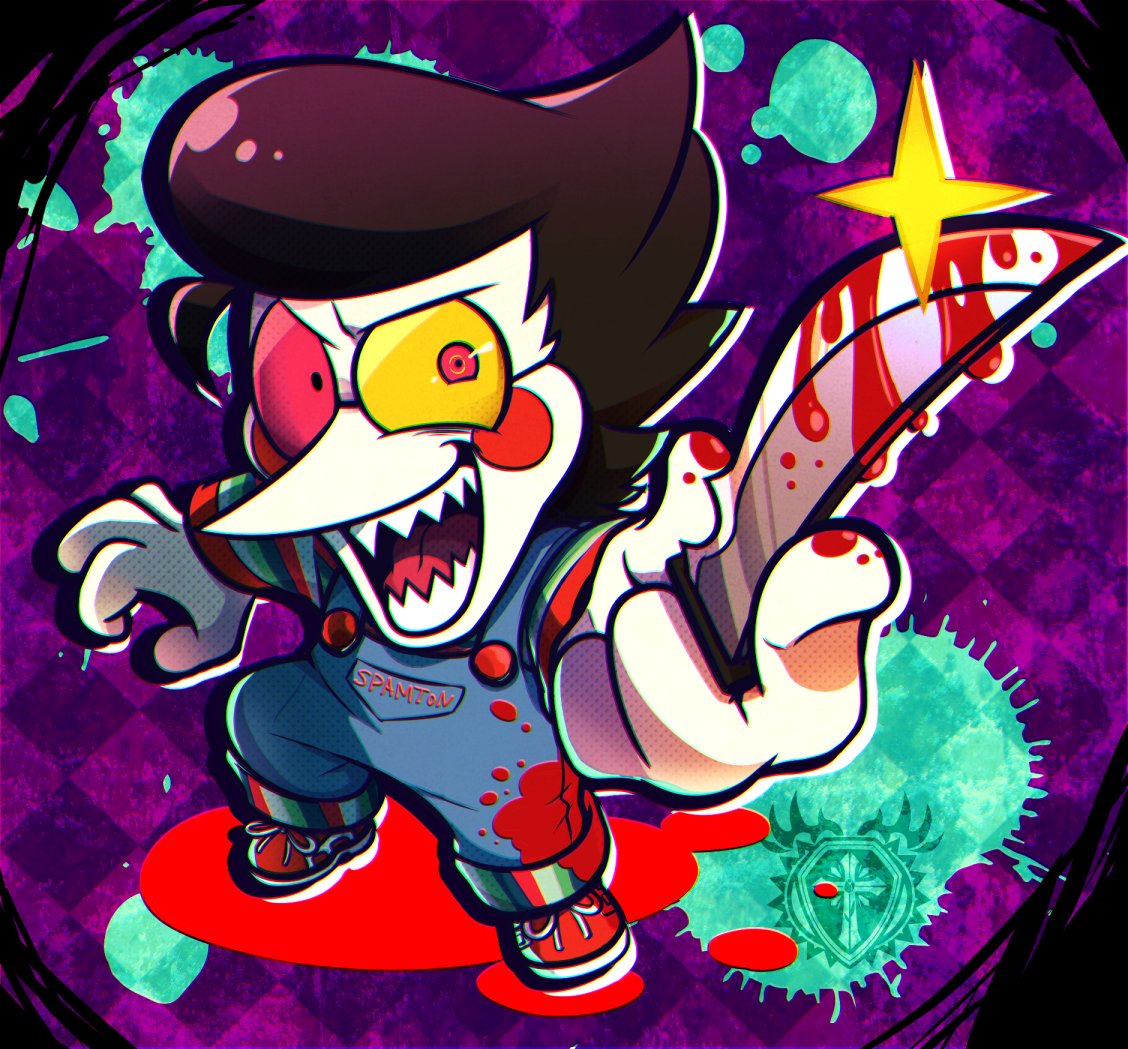 black_hair blood blue_pants child's_play chucky crossover deltarune glasses knife pants purple_background red_footwear shirt spamton_g._spamton striped striped_shirt undertale wanabougu