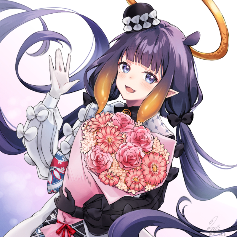 1girl :3 :d asymmetrical_gloves bangs black_gloves black_hair black_headwear blue_eyes blunt_bangs blush bouquet fang flower gloves gradient_hair hat hibi_(hibi_1516) holding holding_bouquet hololive hololive_english long_hair looking_at_viewer low_twintails mini_hat mismatched_gloves multicolored_hair ninomae_ina'nis official_alternate_costume official_alternate_hairstyle orange_hair pointy_ears purple_hair sidelocks smile solo tentacle_hair tilted_headwear twintails two-tone_coat very_long_hair virtual_youtuber waving white_gloves