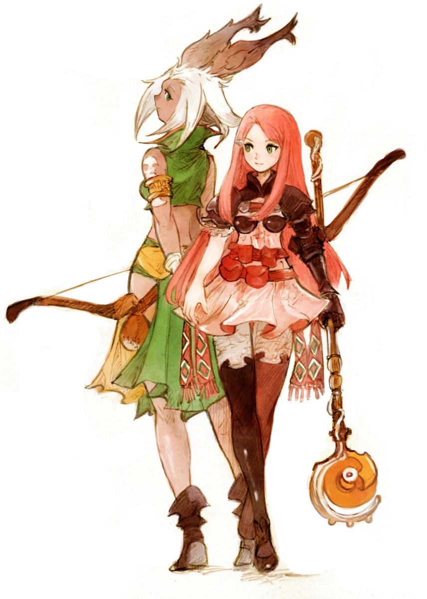 2girls animal_ears armor armored_dress back-to-back boots bow_(weapon) crop_top dark-skinned_female dark_skin final_fantasy final_fantasy_tactics_advance full_body green_eyes hair_ornament hairpin height_difference holding holding_bow_(weapon) holding_staff holding_weapon long_hair looking_at_another multiple_girls peppermint_jet pink_hair rabbit_ears ritz_malheur shara short_hair short_sleeves simple_background sleeveless staff thigh_boots viera weapon white_background white_hair