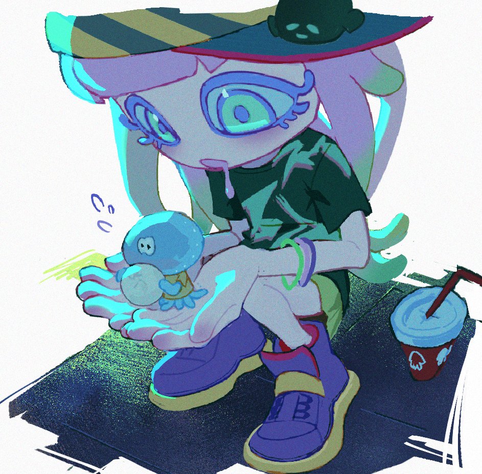 bangs baozi baseball_cap black_eyes black_shirt blunt_bangs blush bracelet colored_eyelashes commentary_request cup cupping_hands disposable_cup drink drinking_straw drooling female_child flat_chest flying_sweatdrops food green_eyes green_hair green_skirt hands_up harmony's_clownfish_(splatoon) harmony_(splatoon) hat holding holding_food jellyfish_(splatoon) jewelry lemon_dou_oishii long_hair looking_at_another looking_down miniskirt multicolored_hair open_mouth own_hands_together pink_hair purple_footwear saliva shirt shoes short_sleeves simple_background skirt splatoon_(series) splatoon_3 striped striped_headwear tentacle_hair tentacles two-tone_hair white_background yellow_headwear yellow_shirt