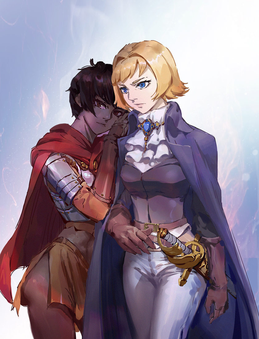 2girls bangs berserk black_hair blonde_hair blue_eyes blue_gemstone bob_cut brown_eyes brown_gloves cape casca_(berserk) chest_jewel closed_mouth commentary dark-skinned_female dark_skin farnese_(berserk) gem gloves gongxiao_zao hand_on_another's_shoulder jewelry looking_at_viewer looking_away multiple_girls red_cape sheath short_hair sword translation_request weapon