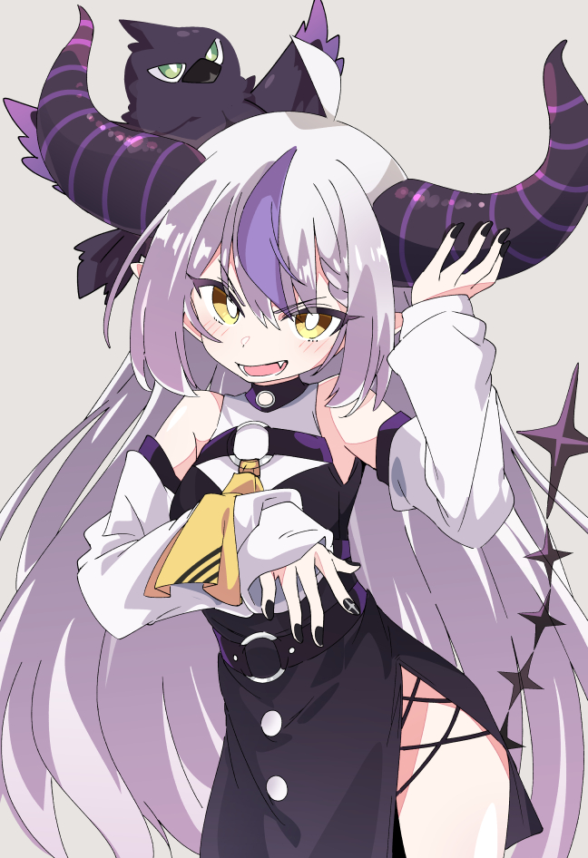 1girl black_horns hololive horns ixy la+_darknesss long_hair multicolored_hair open_mouth smile solo streaked_hair tail thighs virtual_youtuber white_hair