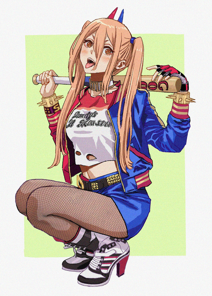 +_+ 1girl baseball_bat belt blonde_hair blush bracelet breasts chainsaw_man cosplay dc_comics fishnet_pantyhose fishnets hair_between_eyes harley_quinn harley_quinn_(cosplay) high_heels holding holding_baseball_bat horns jacket jewelry long_hair looking_at_viewer midriff open_mouth orange_eyes pantyhose power_(chainsaw_man) sharp_teeth shiren_(ourboy83) shirt shorts solo spiked_bracelet spikes squatting suicide_squad teeth tongue tongue_out torn_clothes torn_shirt twintails