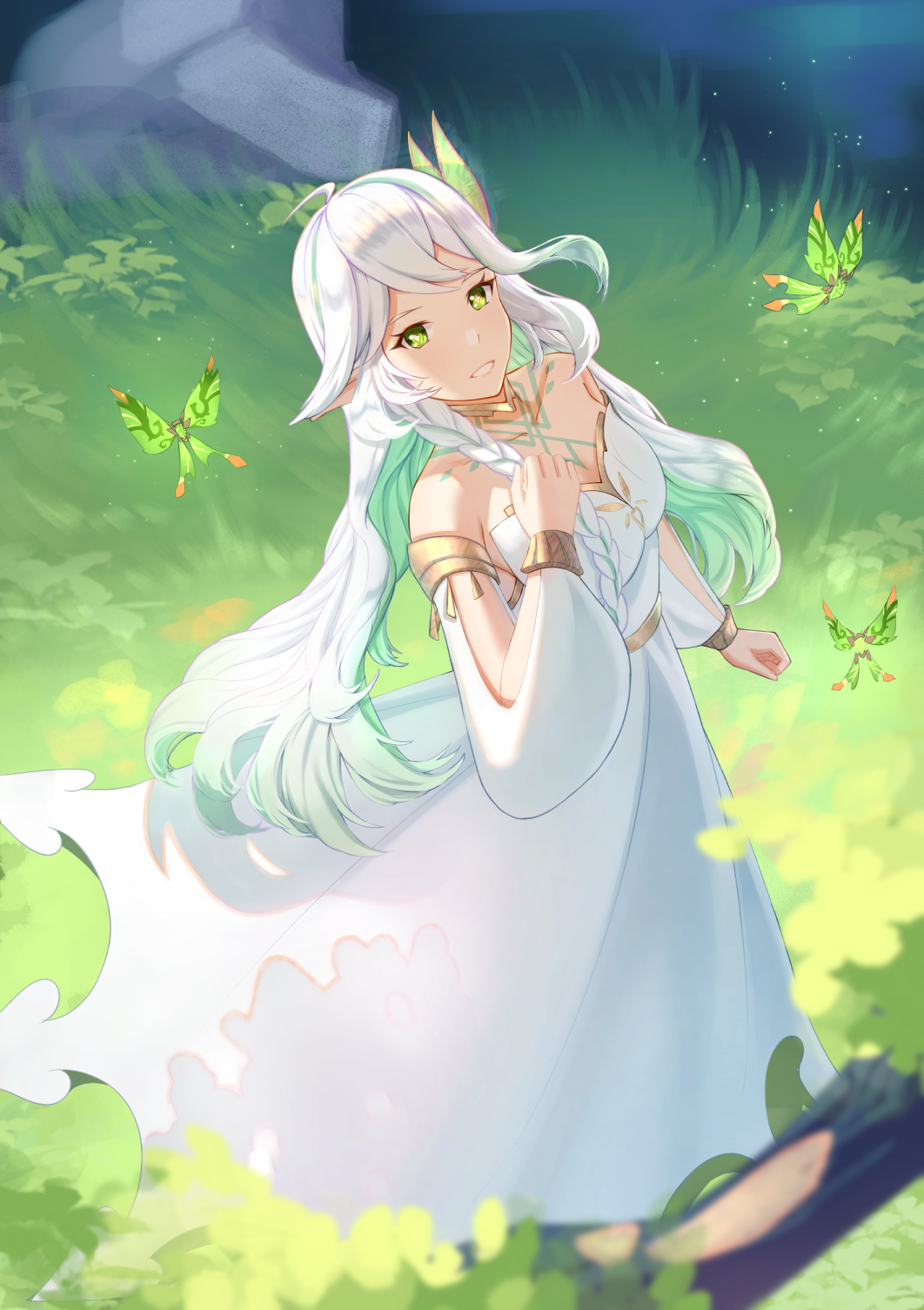 1girl bare_shoulders braid bug butterfly commentary_request detached_sleeves dress flower-shaped_pupils genshin_impact green_eyes grin hair_ornament hand_on_own_chest highres lan_qiandai long_hair long_sleeves looking_at_viewer nahida_(genshin_impact) puffy_long_sleeves puffy_sleeves rukkhadevata_(genshin_impact) sleeveless sleeveless_dress smile solo spoilers symbol-shaped_pupils teeth white_dress white_hair