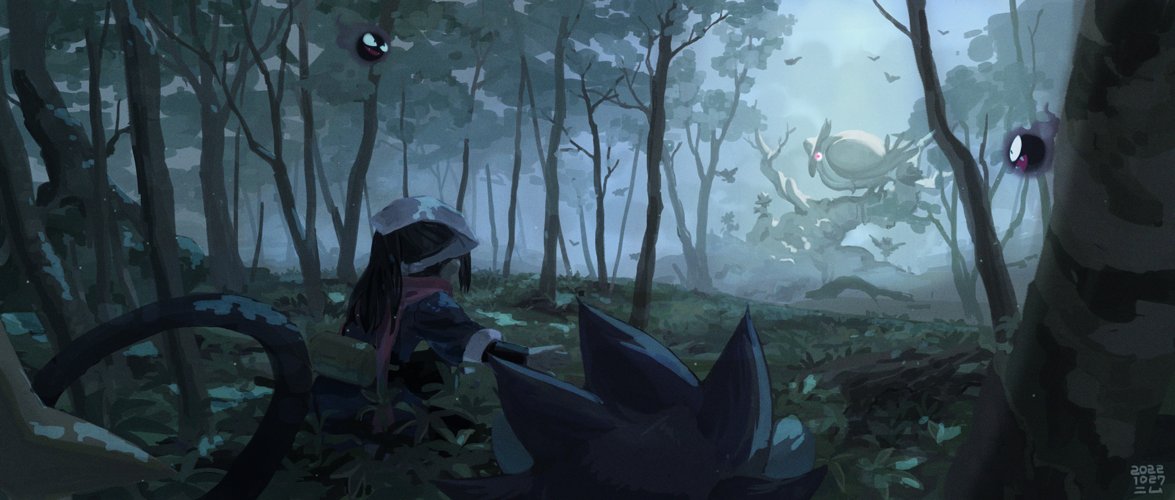1girl akari_(pokemon) bird black_hair black_shirt commentary dated forest gastly grey_jacket head_scarf jacket leaf long_hair luxray nature outdoors pokemon pokemon_(creature) pokemon_(game) pokemon_legends:_arceus ponimu ponytail scarf shirt squatting symbol-only_commentary tree watermark white_headwear