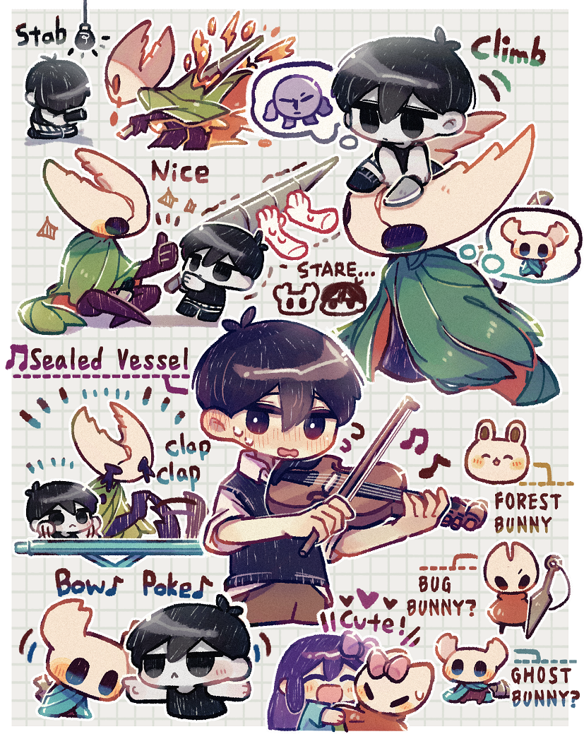 1girl 2boys ^_^ ^o^ aubrey_(omori) black_hair blush bow bow_(music) bright_pupils chibi closed_eyes english_text forest_bunny_(omori) hair_bow holding holding_instrument holding_knife hollow_knight hollow_knight_(character) hornet_(hollow_knight) hug instrument keyboard_(instrument) knife knight_(hollow_knight) light_bulb long_hair multiple_boys music omori omori_(omori) open_mouth pink_bow playing_instrument pluto_(omori) purple_hair short_hair smile suicide sunny_(omori) thought_bubble thumbs_up violin wakame_(vhai26uhykmqb9k) white_pupils