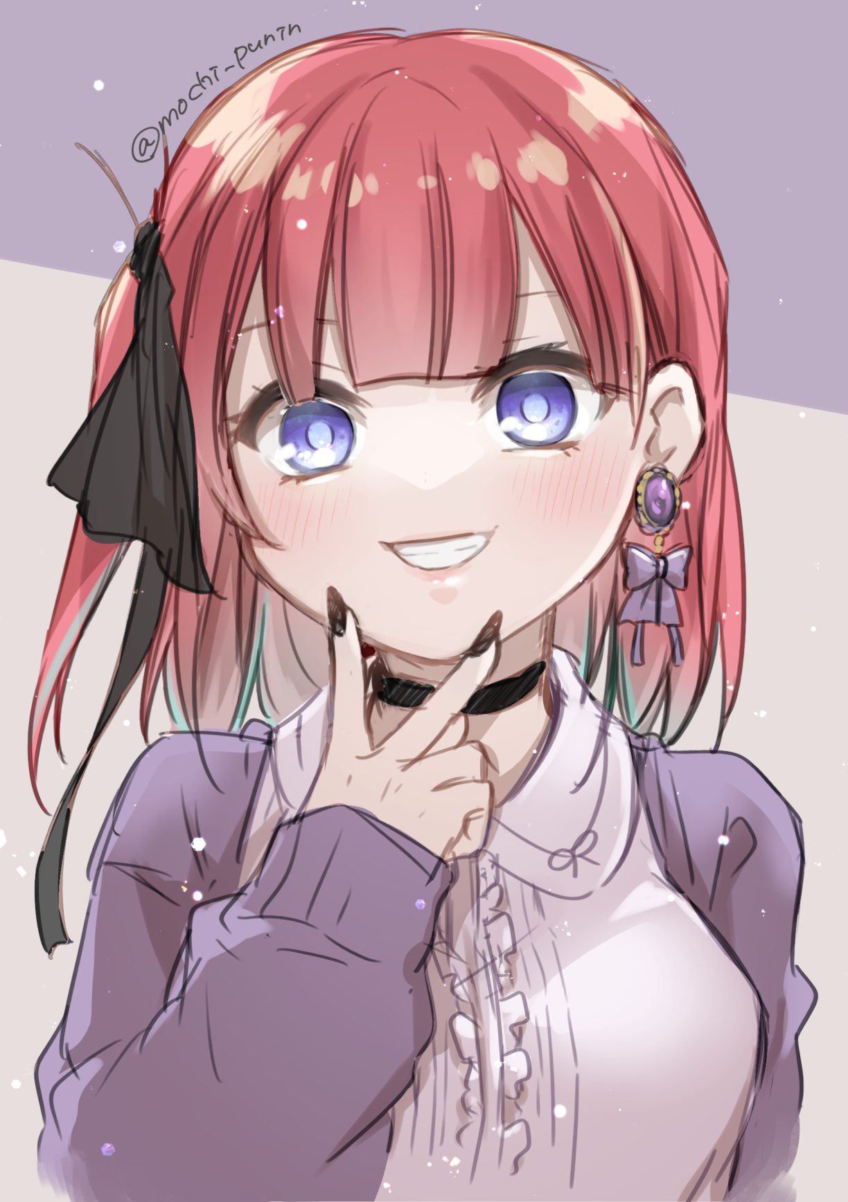 1girl artist_name bangs black_ribbon blue_eyes blunt_bangs collared_shirt commentary_request frilled_shirt frills go-toubun_no_hanayome grin hair_ribbon highres long_hair long_sleeves mochi_punin nakano_nino pink_hair ribbon shirt sketch smile solo teeth twitter_username upper_body v watermark white_shirt