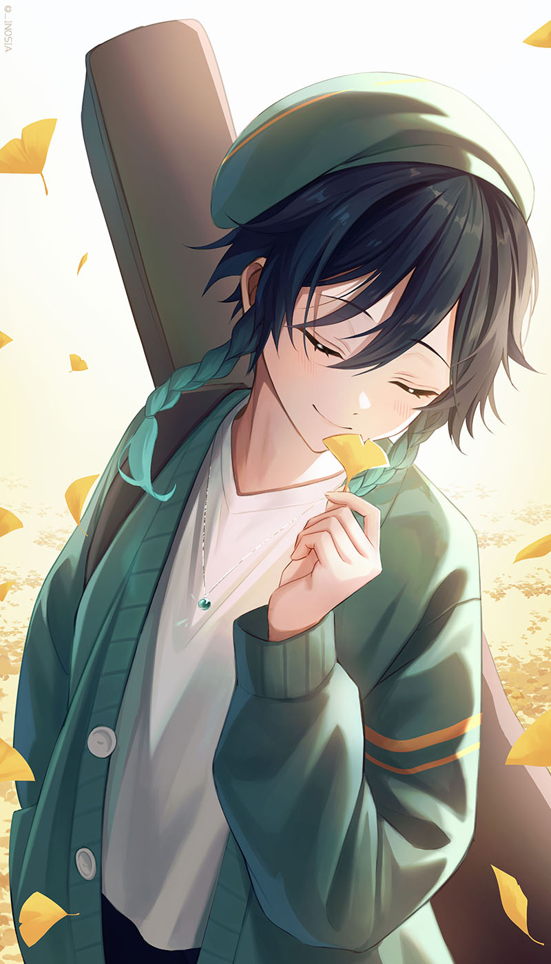 1boy adapted_costume artist_name autumn_leaves bangs beret black_hair black_pants blue_gemstone blue_hair blue_headwear blue_jacket blush braid buttons closed_eyes closed_mouth gem genshin_impact gradient gradient_background gradient_hair guitar guitar_case hair_between_eyes hand_in_pocket hand_up hat highres inosia instrument instrument_case jacket jewelry leaf long_sleeves male_focus multicolored_hair necklace open_clothes open_jacket pants puffy_long_sleeves puffy_sleeves shirt short_hair smile solo t-shirt twin_braids two-tone_hair venti_(genshin_impact) white_background white_shirt yellow_background