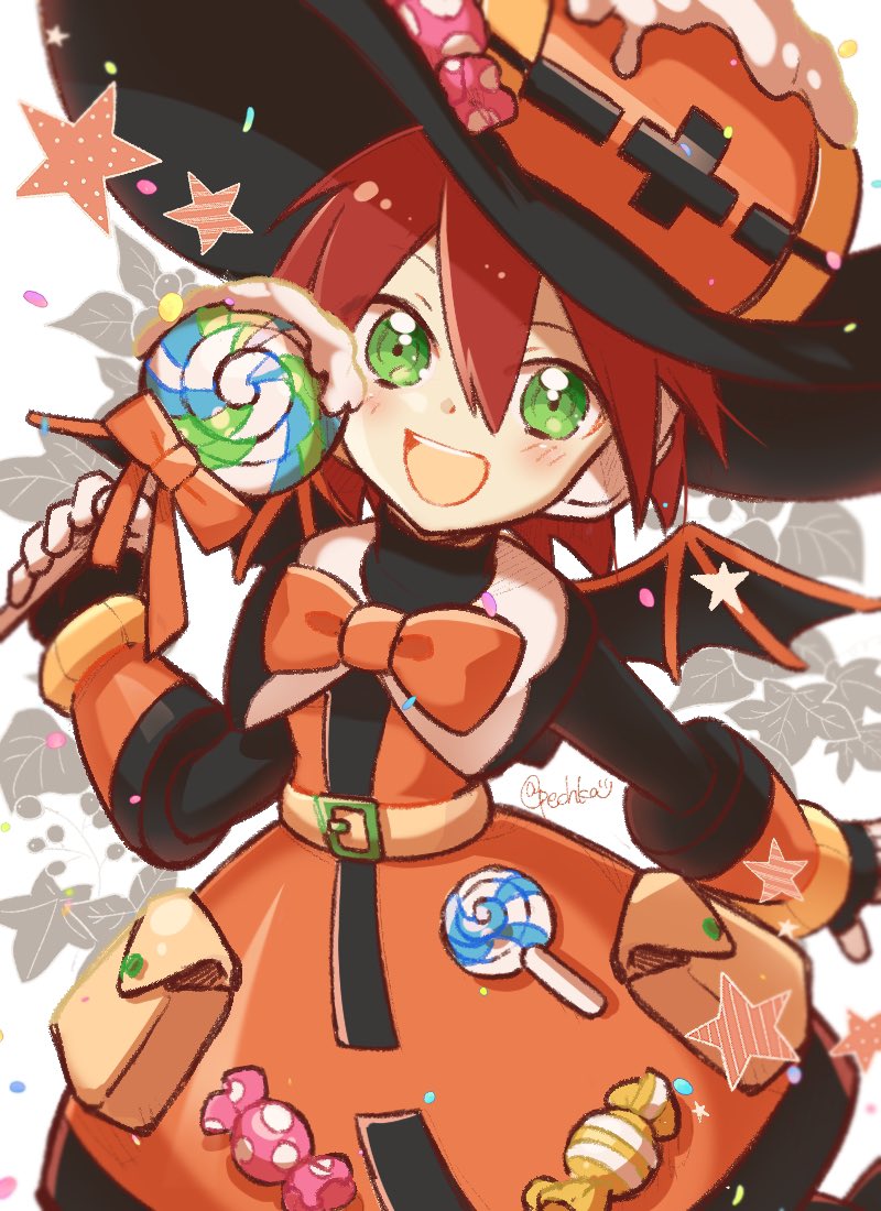 1girl :d aile_(mega_man_zx) bodysuit brown_hair candy dress fake_wings food gloves green_eyes halloween hat leaf looking_at_viewer mega_man_(series) mega_man_x_dive mega_man_zx open_mouth pechka robot_ears short_hair smile solo white_background wings