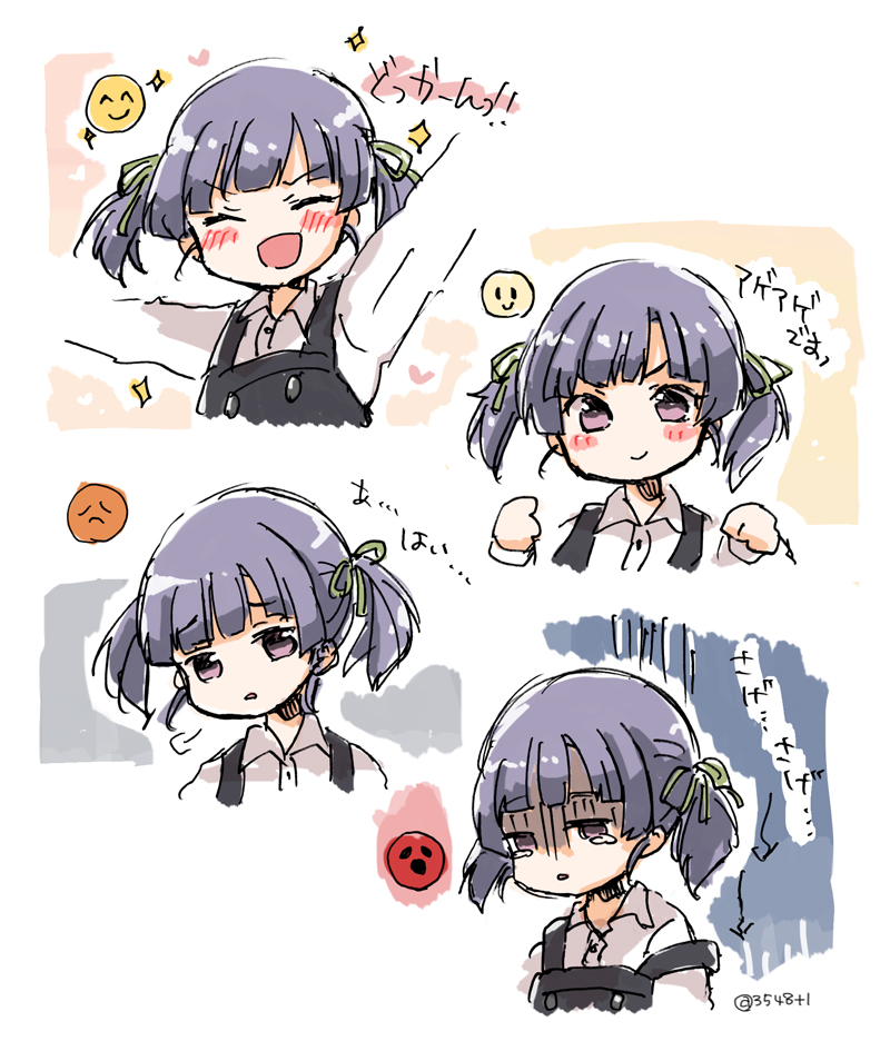 anger_vein closed_eyes dress expressions facing_viewer gloom_(expression) happy kantai_collection long_sleeves looking_at_viewer miko_(35nikomi) one-hour_drawing_challenge ooshio_(kancolle) ooshio_kai_ni_(kancolle) pinafore_dress purple_hair sad shirt short_hair short_twintails simple_background smile twintails upper_body white_background white_shirt