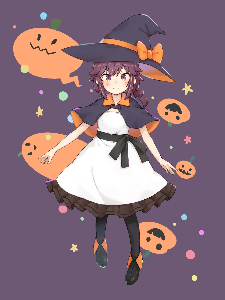 1girl bangs black_background black_capelet black_footwear black_headwear black_pantyhose bow brown_eyes brown_hair capelet closed_mouth collared_capelet commentary dress frilled_dress frills full_body halloween halloween_costume hat hat_bow highres jack-o'-lantern kuramoto_takato looking_at_viewer machikado_mazoku medium_dress medium_hair orange_bow orange_capelet orange_headwear pantyhose shoes simple_background smile solo speech_bubble standing star_(symbol) two-sided_capelet two-sided_fabric two-sided_headwear white_dress witch_hat yoshida_ryouko