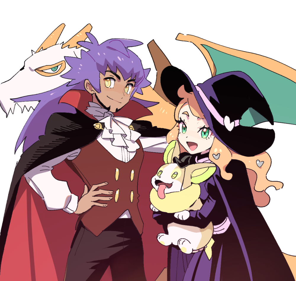 1boy 1girl :d alternate_costume bangs black_cape bright_pupils brown_vest buttons cape charizard closed_mouth commentary_request dark-skinned_male dark_skin dede_(qwea_00000) eyelashes facial_hair green_eyes hand_on_hip hat korean_commentary leon_(pokemon) long_hair long_sleeves open_mouth pants pokemon pokemon_(creature) pokemon_(game) pokemon_swsh purple_hair shirt smile sonia_(pokemon) tongue vest white_jabot white_pupils white_shirt witch_hat yamper yellow_eyes