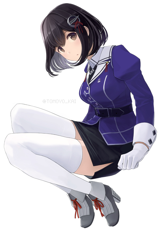 1girl black_hair black_skirt brown_eyes full_body gloves haguro_(kancolle) haguro_kai_ni_(kancolle) jacket juliet_sleeves kantai_collection long_sleeves military military_uniform parted_lips pencil_skirt puffy_sleeves purple_jacket short_hair simple_background skirt solo thigh-highs tomoyo_kai uniform white_background white_gloves white_thighhighs
