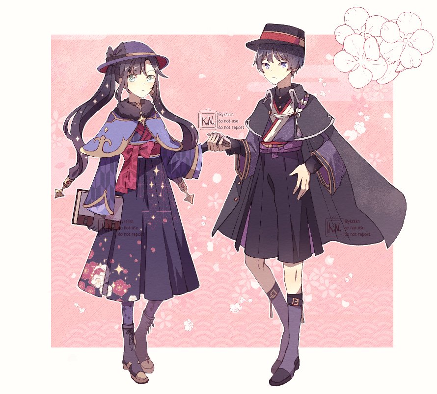 1boy 1girl arm_up artist_name bangs belt black_bow black_choker black_hair black_headwear black_jacket blush book boots border bow brown_gloves cape capelet choker closed_mouth collared_cape floral_background floral_print flower full_body genshin_impact gloves gold green_eyes grey_cape hair_between_eyes hair_ornament hand_up hands_up hat hat_bow hetero holding holding_hands jacket jewelry kana_(ykskkn) long_hair long_sleeves looking_away mandarin_collar mona_(genshin_impact) outside_border petals petals_print pink_background pink_belt pink_bow pink_flower purple_belt purple_capelet purple_footwear purple_hair purple_headwear purple_shirt purple_shorts purple_skirt purple_socks scaramouche_(genshin_impact) shirt shorts skirt socks sparkle sparkle_print standing star_(symbol) twintails v-shaped_eyebrows violet_eyes watermark waves white_border white_flower wide_sleeves wing_collar