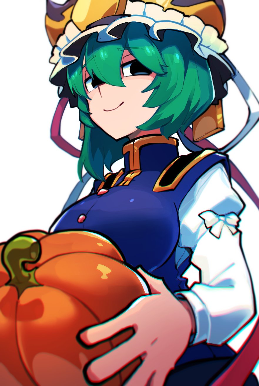 1girl asymmetrical_hair black_eyes black_skirt blue_vest bow breasts buttons collared_vest epaulettes food frilled_hat frills from_below fruit green_hair hat highres holding holding_food holding_fruit holding_pumpkin holding_vegetable iganashi1 long_sleeves looking_at_viewer medium_breasts pumpkin red_bow shiki_eiki shirt short_hair simple_background skirt sleeve_bow smile solo touhou upper_body vegetable vest white_background white_bow white_shirt