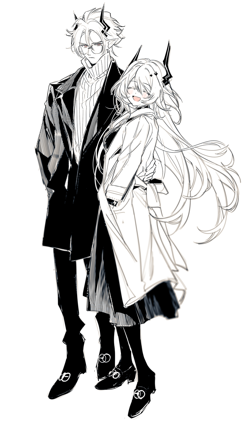 1boy 1girl :d arknights arm_around_waist bespectacled blush breasts brother_and_sister closed_eyes closed_mouth coat dress facing_viewer full_body glasses grey_theme hand_in_pocket highres horns long_hair long_sleeves looking_at_viewer medium_breasts open_clothes open_coat pants pienahenggou pointy_ears short_hair siblings simple_background smile spot_color standing sweater theresa_(arknights) theresis_(arknights) turtleneck turtleneck_sweater very_long_hair white_background