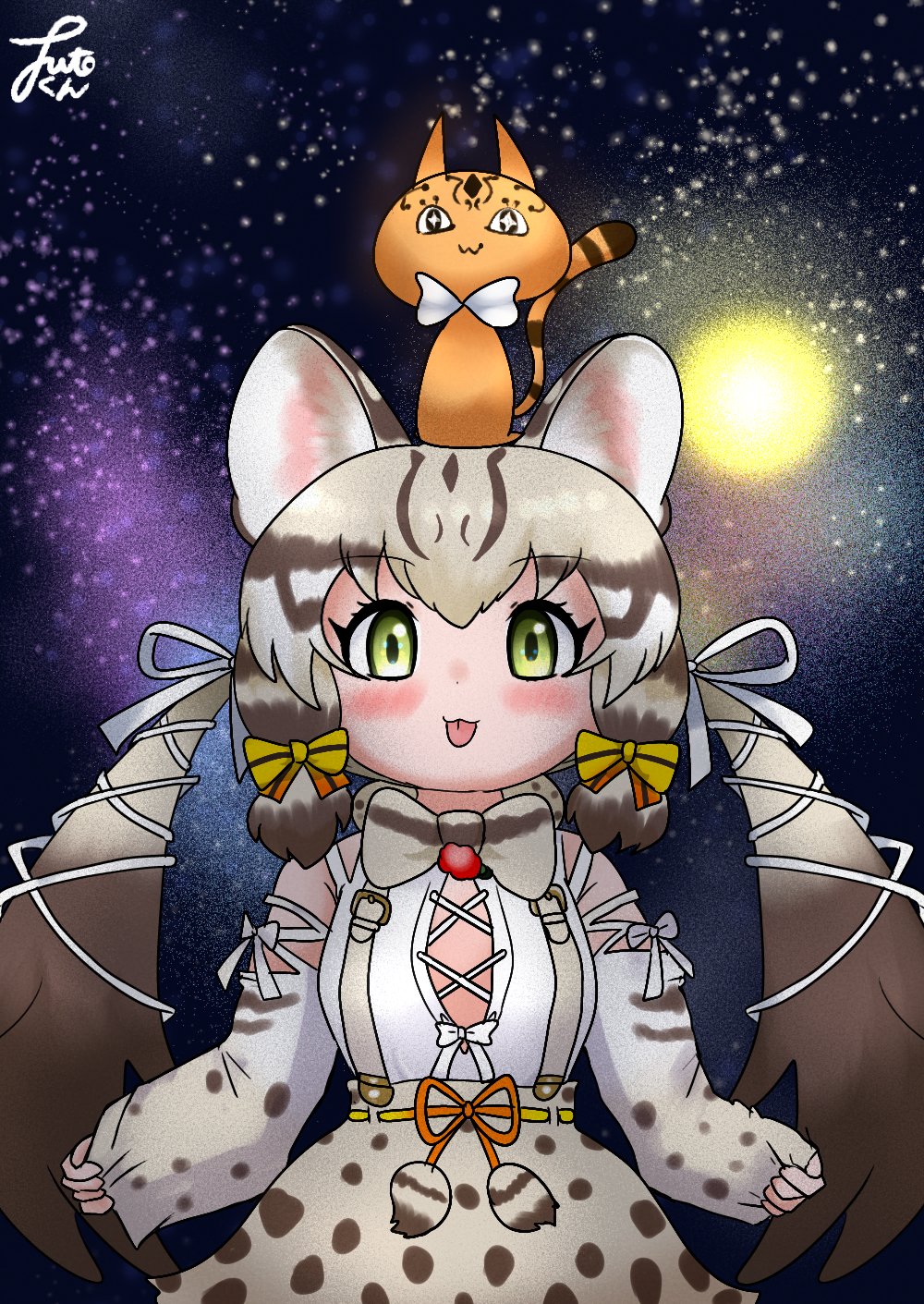 1girl animal_costume animal_ear_fluff animal_ears bow bowtie cat_ears cat_girl cat_tail extra_ears futo_utsu geoffroy's_cat_(kemono_friends) green_eyes grey_hair highres kemono_friends kemono_friends_v_project long_hair looking_at_viewer microphone multicolored_hair ribbon shirt skirt suspenders tail tongue twintails virtual_youtuber