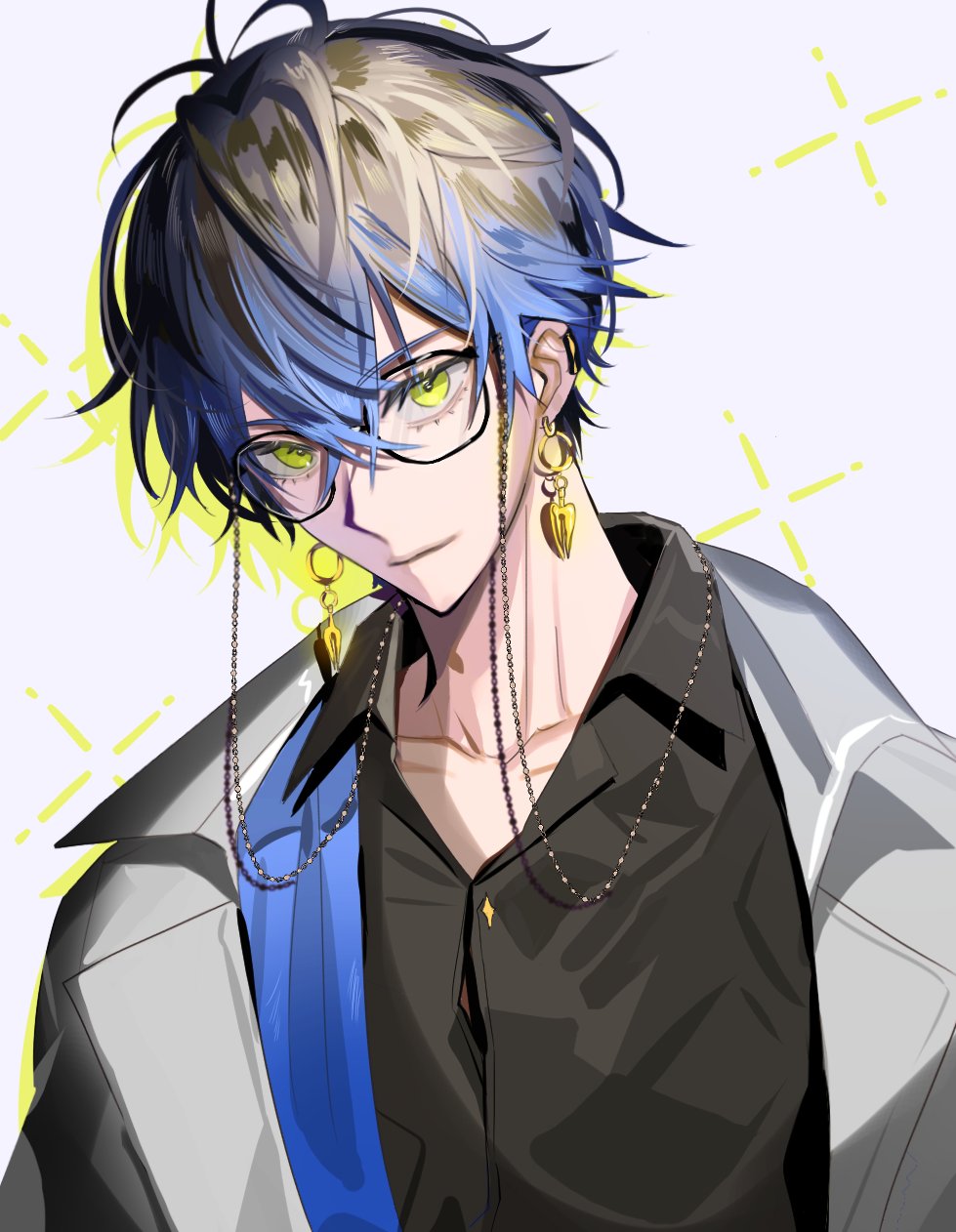 1boy bangs blue_hair brown_hair closed_mouth collared_shirt commentary earrings english_commentary eyewear_strap glasses gradient_hair highres ike_eveland jacket jewelry looking_at_viewer male_focus multicolored_hair nijisanji nijisanji_en shirt short_hair silhouette solo upper_body v_doodo virtual_youtuber