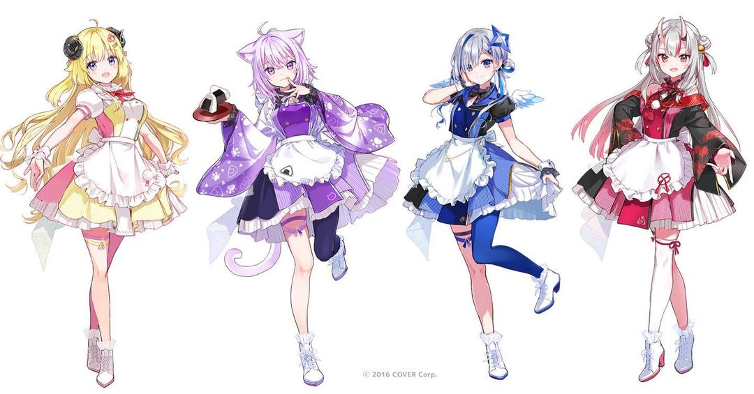 4girls ahoge amane_kanata angel angel_wings animal_ear_fluff animal_ears asymmetrical_hair bell blonde_hair blue_hair braid breasts cat_ears cat_girl cat_tail colored_inner_hair copyright_name curled_horns double_bun feathered_wings food full_body gradient gradient_hair gradient_wings grey_hair hair_bell hair_bun hair_ornament hairclip half_updo halo hololive horns jingle_bell large_breasts long_hair long_sleeves mini_wings multicolored_hair multicolored_wings multiple_girls nakiri_ayame nekomata_okayu official_art oni oni_horns onigiri puffy_short_sleeves puffy_sleeves purple_hair red_eyes redhead sheep_ears sheep_girl sheep_horns short_hair short_ponytail short_sleeves single_hair_intake single_thighhigh skin-covered_horns star_halo streaked_hair tail thigh-highs tiv tsunomaki_watame two_side_up very_long_hair violet_eyes virtual_youtuber white_hair white_wings wide_sleeves wings