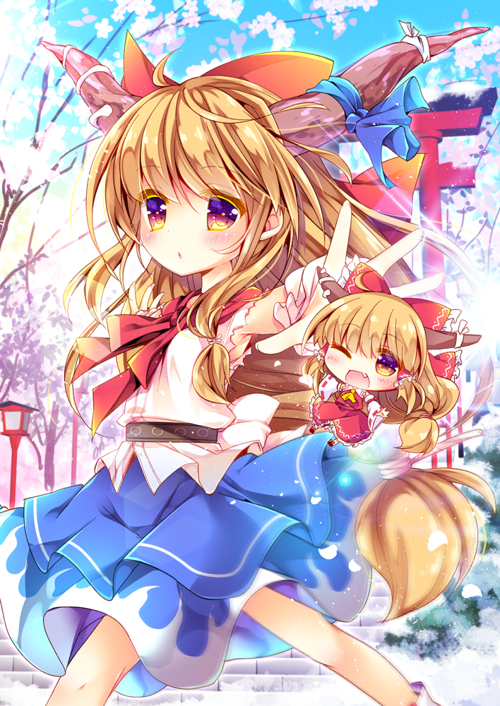 1girl :o ;d ascot belt blonde_hair blue_bow blue_skirt blue_sky bow cherry_blossoms chibi commentary_request cosplay detached_sleeves enjoy_mix fang hair_bow hair_tubes hakurei_reimu hakurei_reimu_(cosplay) horn_ornament horn_ribbon horns ibuki_suika japanese_clothes long_hair looking_at_viewer one_eye_closed oni oni_horns open_mouth outdoors petals red_bow red_shirt red_skirt ribbon shirt skirt sky sleeveless sleeveless_shirt smile torii touhou tree violet_eyes white_shirt yellow_ascot