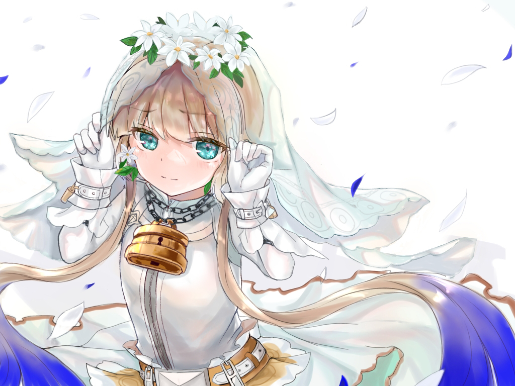 1boy alternate_costume blonde_hair blue_eyes blue_petals bridal_veil captain_nemo_(fate) chain cosplay crossdressing dress elbow_gloves falling_petals fate/grand_order fate_(series) flower gloves hair_flower hair_ornament head_wreath lock looking_at_viewer low_twintails male_focus nemo_(fate) nero_claudius_(bride)_(fate) nero_claudius_(bride)_(fate)_(cosplay) nero_claudius_(fate) padlock petals romanjyuu simple_background smile solo twintails veil wedding_dress white_background white_flower white_gloves white_petals