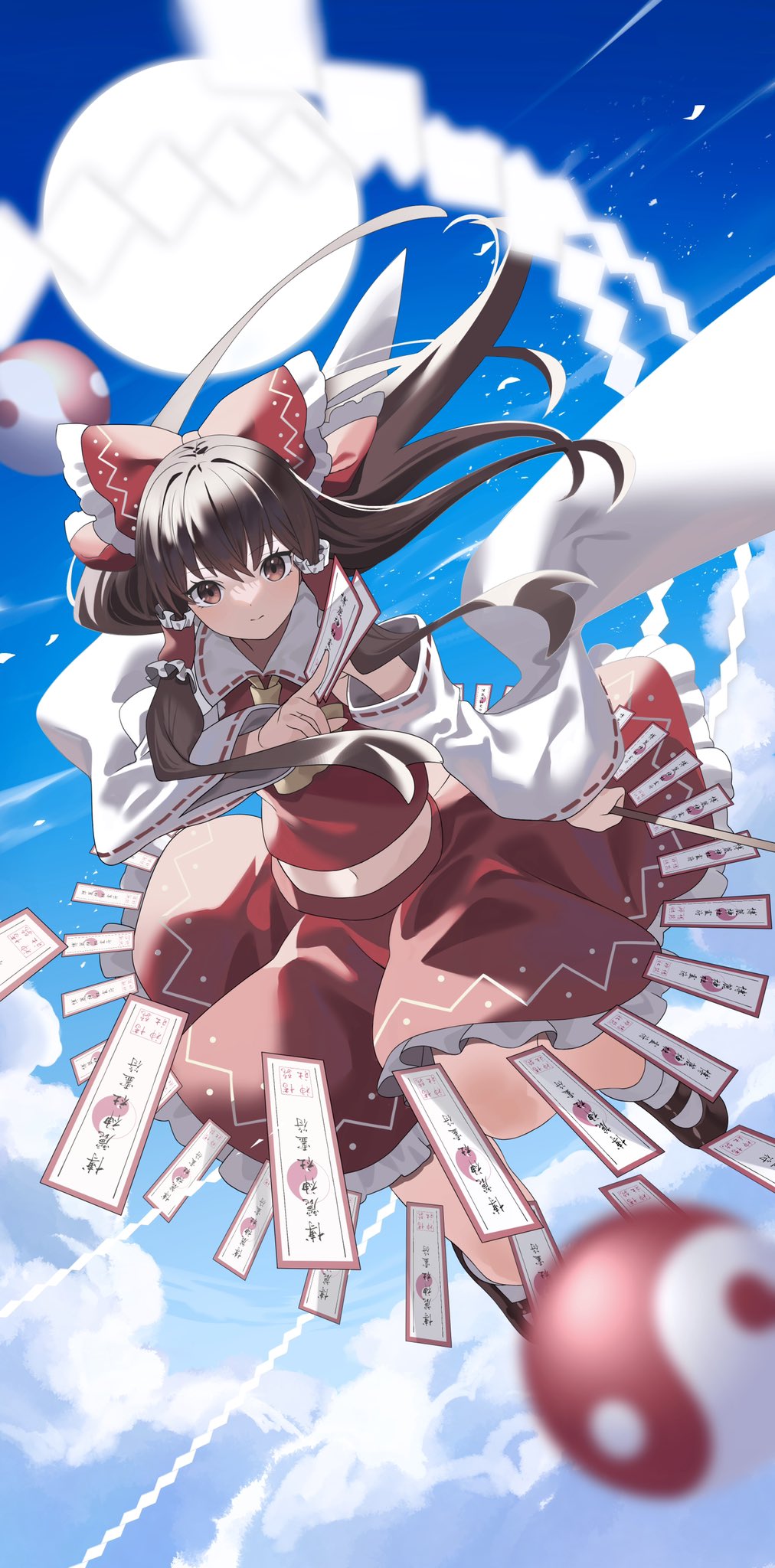 1girl above_clouds between_fingers blurry bow brown_eyes brown_hair clouds depth_of_field detached_sleeves floating hair_bow hair_tubes hakurei_reimu highres holding knee_up long_hair looking_at_viewer mary_janes ofuda red_bow red_shirt red_skirt shide shirt shoes sidelocks skirt skirt_set solo touhou yuujin_(yuzinn333)