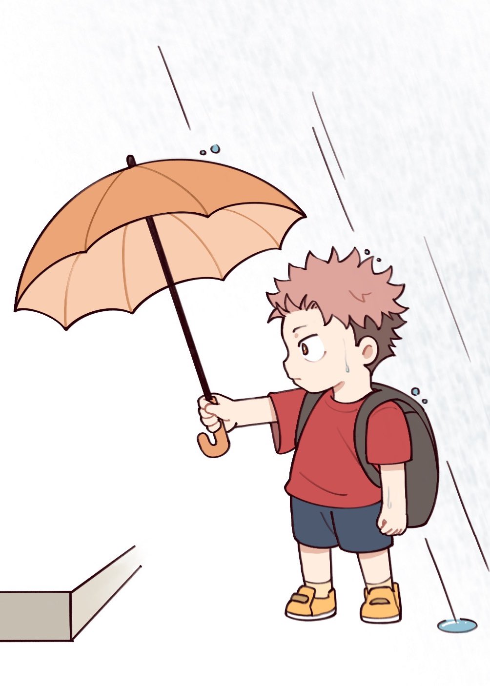 1boy aged_down blue_shorts brown_bag child closed_mouth commentary_request full_body grey_background highres holding holding_umbrella itadori_yuuji jujutsu_kaisen male_child male_focus pink_hair rain red_shirt shirt shoes short_hair short_sleeves shorts simple_background solo spiky_hair standing tootigee umbrella undercut yellow_eyes yellow_footwear