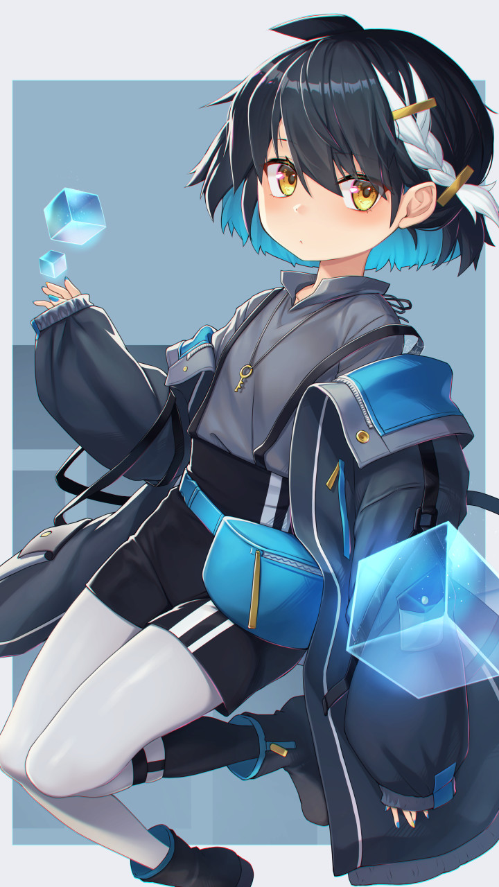 1girl bangs black_coat black_footwear black_hair blue_hair blue_nails bob_cut boots braid closed_mouth coat colored_inner_hair commentary cube fanny_pack floating grey_shirt hair_ornament hairclip highres jewelry key_necklace leg_up light_frown long_sleeves looking_at_viewer mitake_eil multicolored_hair nail_polish necklace off_shoulder original pantyhose pantyhose_under_shorts shirt short_hair shorts side_braid sleeves_past_wrists solo standing suspender_shorts suspenders white_hair white_pantyhose yellow_eyes