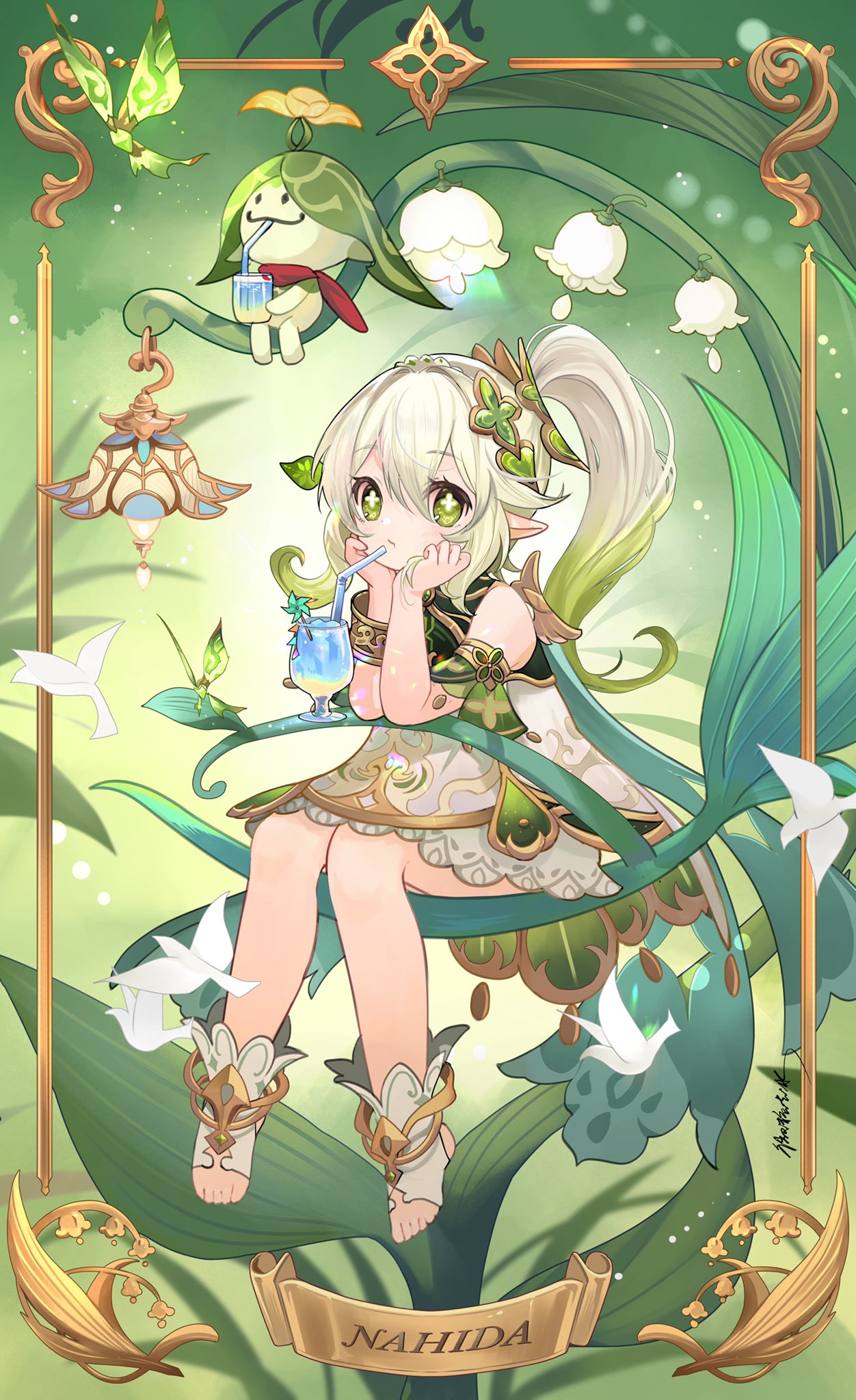 1girl bare_shoulders cape character_name cross-shaped_pupils detached_sleeves dress drinking_straw flower full_body genshin_impact gradient_hair green_background green_cape green_eyes green_hair hair_ornament hands_on_own_cheeks hands_on_own_face highres issign knees_together_feet_apart leaf_hair_ornament long_hair looking_at_viewer multicolored_hair nahida_(genshin_impact) outdoors pointy_ears side_ponytail signature sitting solo stirrup_footwear toeless_footwear tropical_drink white_dress white_flower white_footwear white_hair