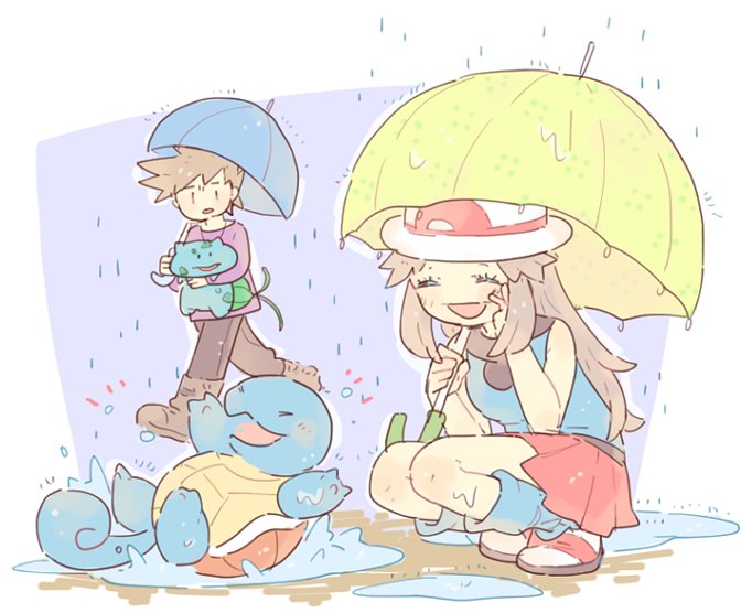 1boy 1girl ^_^ bare_arms bare_shoulders black_pants blue_oak blue_socks blue_umbrella boots brown_footwear brown_hair bulbasaur closed_eyes hand_on_own_face hand_up hat holding holding_poke_ball holding_pokemon holding_umbrella katiko leaf_(pokemon) looking_at_another loose_socks miniskirt multicolored_footwear no_nose open_mouth pants pleated_skirt poke_ball pokemon pokemon_(creature) pokemon_(game) pokemon_frlg porkpie_hat puddle purple_shirt rain red_skirt shirt short_hair skirt smile socks splashing squatting squirtle umbrella walking water white_headwear yellow_umbrella