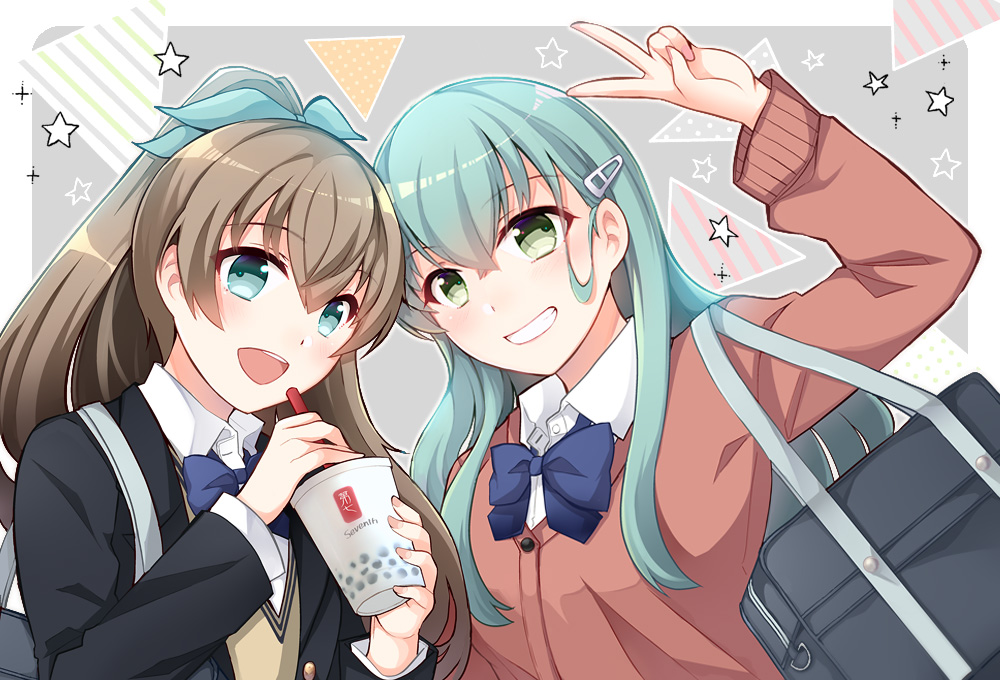2girls aqua_eyes aqua_hair ascot black_jacket blazer blue_bow blue_bowtie blue_eyes bow bowtie brown_hair brown_sweater_vest cup disposable_cup drinking_straw green_hair hair_ornament hairclip holding holding_cup jacket kantai_collection kumano_(kancolle) kumano_(kantai_collection) long_hair multiple_girls official_alternate_costume open_mouth pink_sweater ponytail school_uniform shirt smile star_(symbol) suzuya_(kancolle) suzuya_(kantai_collection) sweater sweater_vest teramoto_kaoru v white_shirt