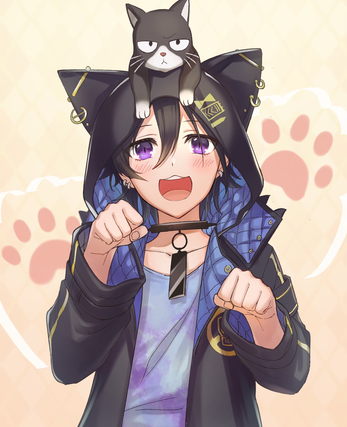 1boy :d animal_hood animal_on_head armband black_armband black_cat black_collar black_hair black_jacket blue_shirt cat cat_hood collar earrings hair_between_eyes hair_ornament hairclip highres holostars hood hood_up hooded_jacket jacket jewelry kanade_izuru lightning_bolt_hair_ornament lightning_bolt_symbol looking_at_viewer male_focus multicolored_shirt n@o_(nao) on_head padded_jacket paw_pose paw_print paw_print_background purple_shirt shirt short_hair slit_pupils smile solo spiked_collar spikes teeth upper_body upper_teeth violet_eyes virtual_youtuber yellow_background