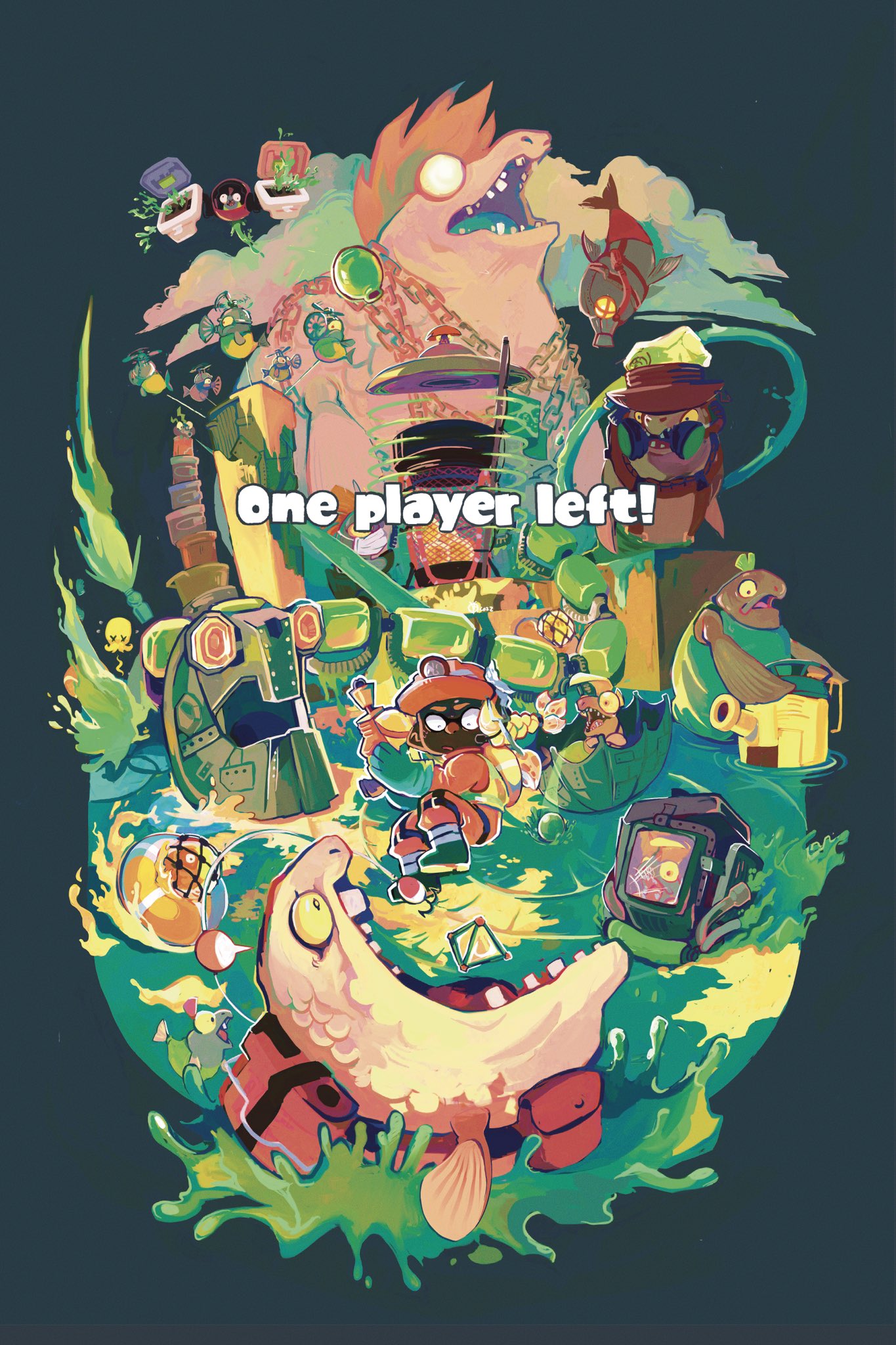 1girl belt big_shot_(splatoon) black_eyes blank_eyes blonde_hair boots braid bulging_eyes chain clouds cohozuna_(splatoon) colored_sclera commentary constricted_pupils cooking_pot dark-skinned_female dark_skin drizzler_(splatoon) earpiece english_commentary english_text everyone fish fish_stick_(splatoon) fishing_hook flipper-flopper_(splatoon) flyfish_(splatoon) flying_sweatdrops full_body gloves glowing glowing_eyes golden_egg green_footwear green_gloves green_hair green_overalls gun hair_tie headlamp helmet high-visibility_vest highres holding holding_gun holding_weapon inkling inkling_girl koalagators lifebuoy looking_down mask maws_(splatoon) missile_pod mohawk mouth_mask octoling open_mouth orange_headwear outline peril pointy_ears pouch profile redhead salmon_run_(splatoon) scrapper_(splatoon) short_hair sideways_mouth single_tooth slammin'_lid_(splatoon) smallfry_(splatoon) splat_bomb_(splatoon) splatoon_(series) splatoon_3 splattershot_(splatoon) steel_eel_(splatoon) steelhead_(splatoon) stinger_(splatoon) surgical_mask teeth tentacle_hair tentacles two-handed umbrella vest wall-eyed weapon white_outline x_x yellow_sclera yellow_vest