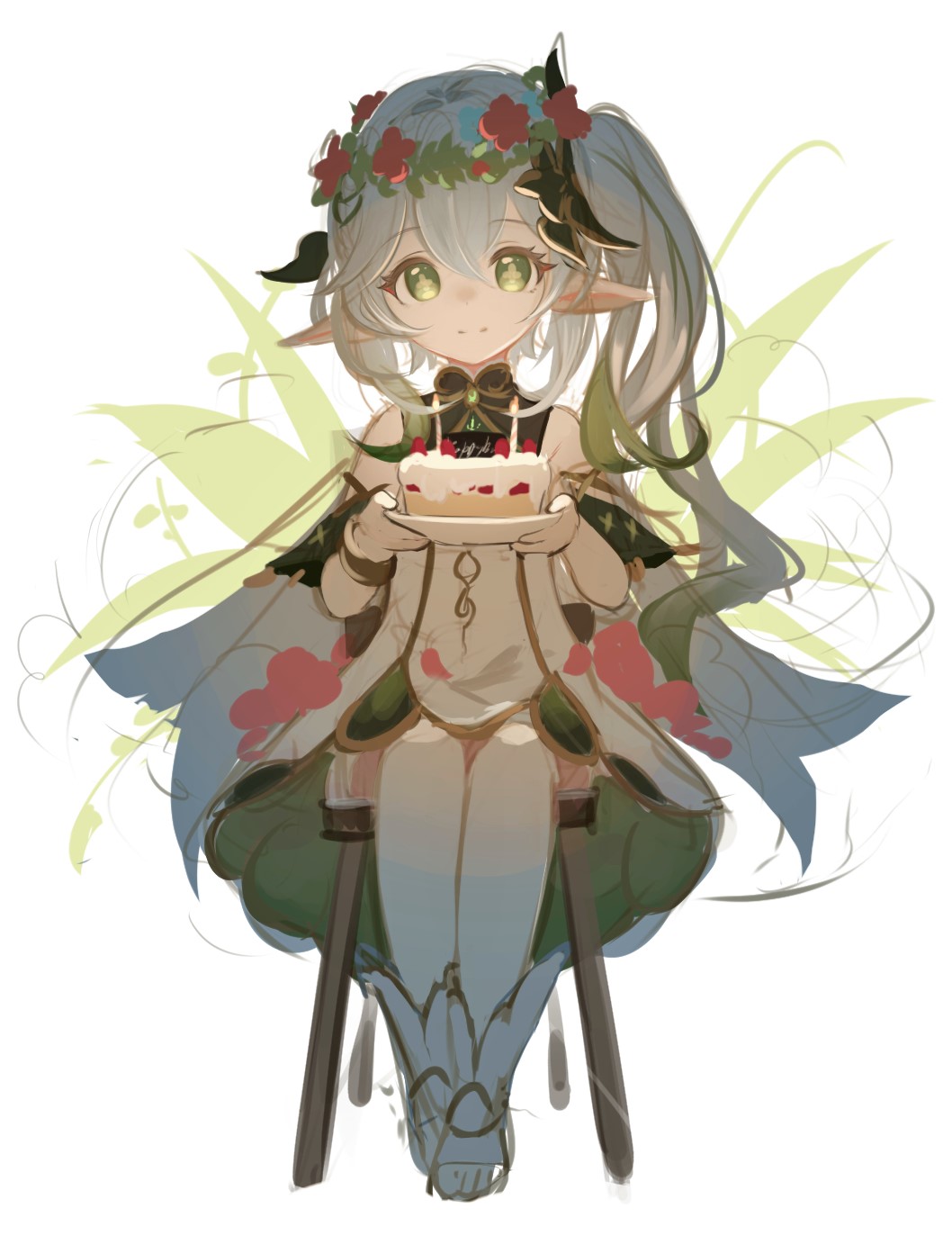 1girl bangs bare_shoulders boots cake chair closed_mouth cross-shaped_pupils detached_sleeves dress flower food gem genshin_impact green_eyes green_gemstone green_hair grey_dress grey_footwear grey_hair hair_between_eyes hair_flower hair_ornament hands_up head_wreath highres leaf leaf_hair_ornament long_hair looking_at_viewer lumo_1121 mandarin_collar multicolored_hair nahida_(genshin_impact) petals pink_flower plate pointy_ears ponytail short_sleeves side_ponytail simple_background sitting smile solo symbol-shaped_pupils two-tone_hair white_background